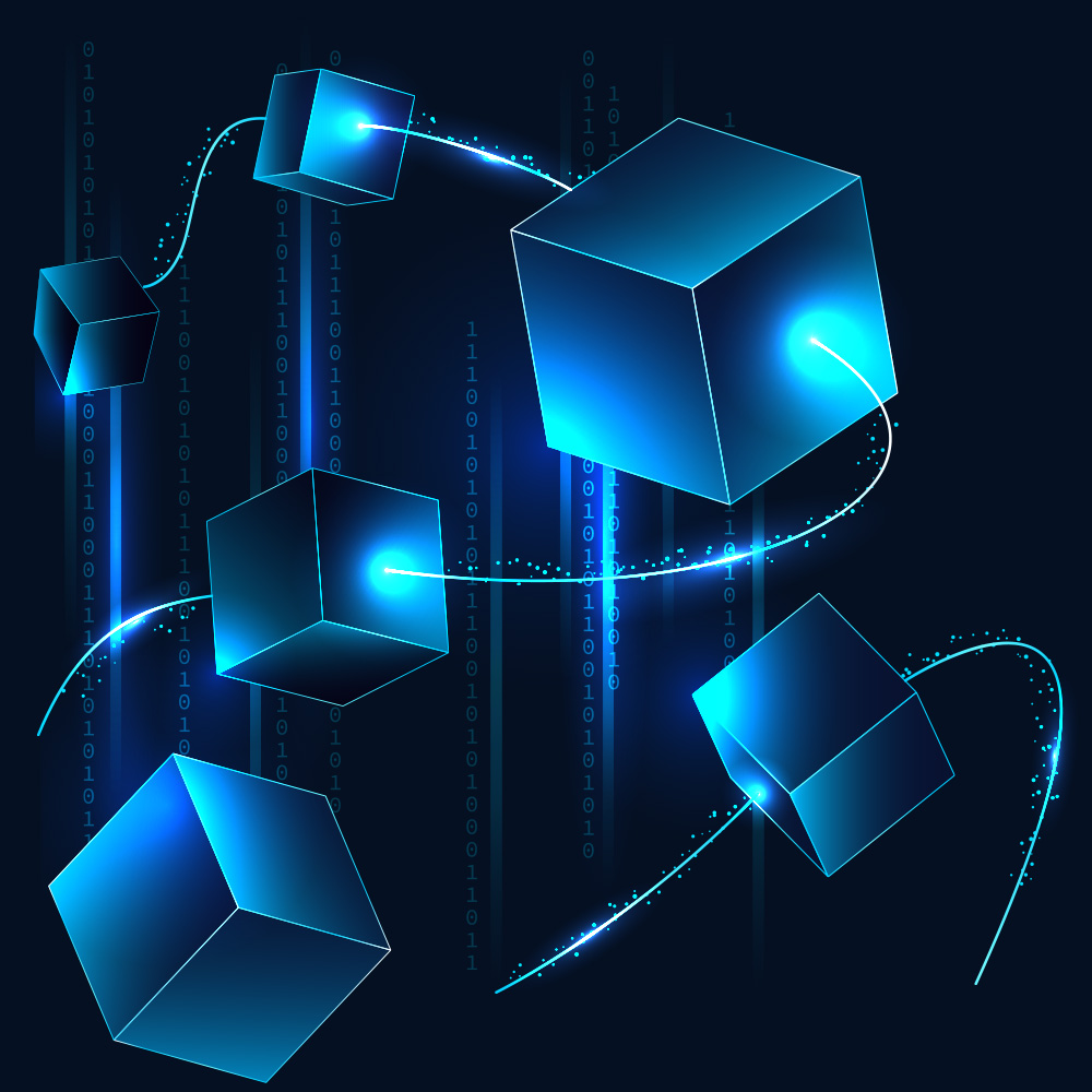 3D rendering of crop unrecognizable people reaching out hands toward each other against bright blue background in neon illumination and showing concept of creation